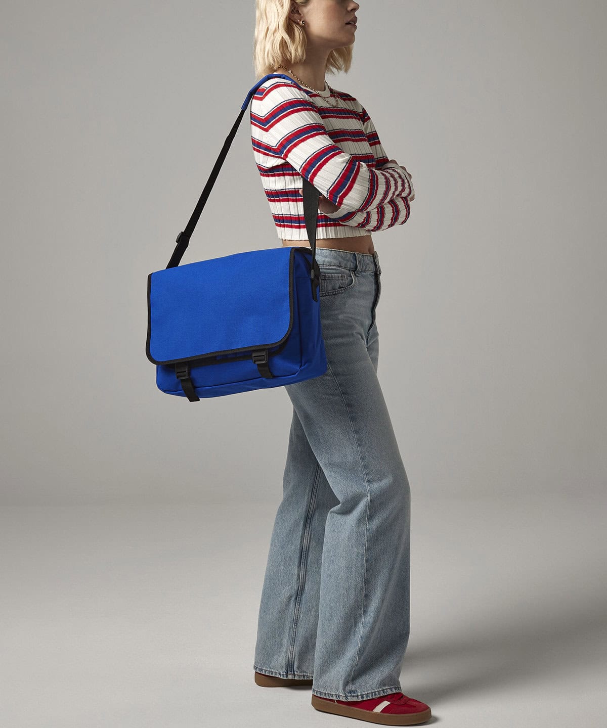 Blue messenger bag for workwear and uniforms.