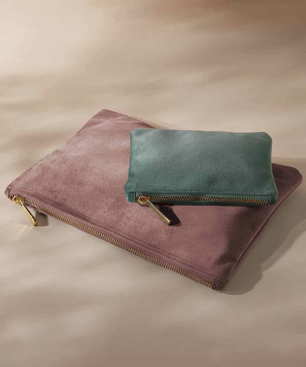 Velvet accessory pouch in teal with gold zipper, perfect for personalised embroidery or printing.