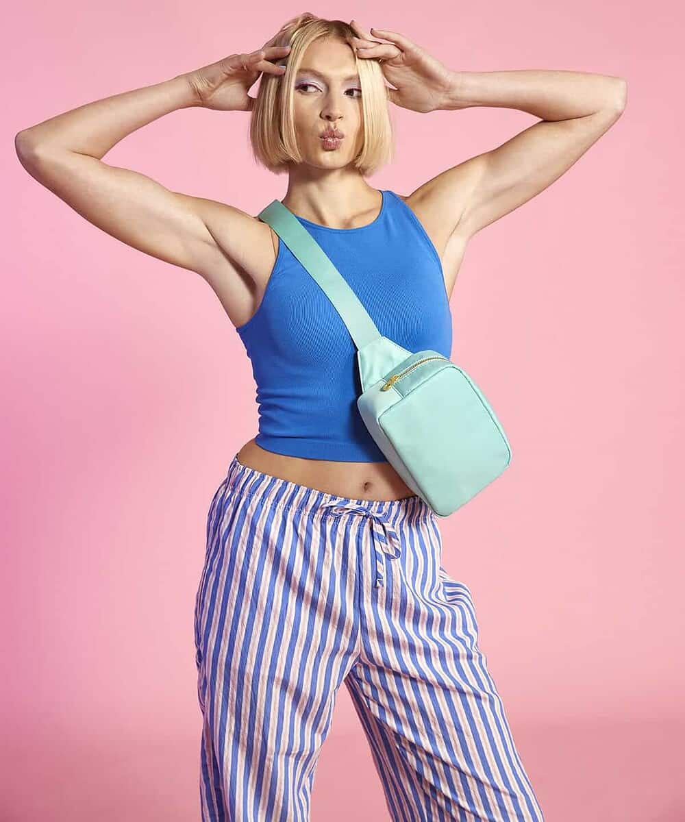 Cross-body bag in pastel mint with adjustable strap, perfect for personalised embroidery designs.