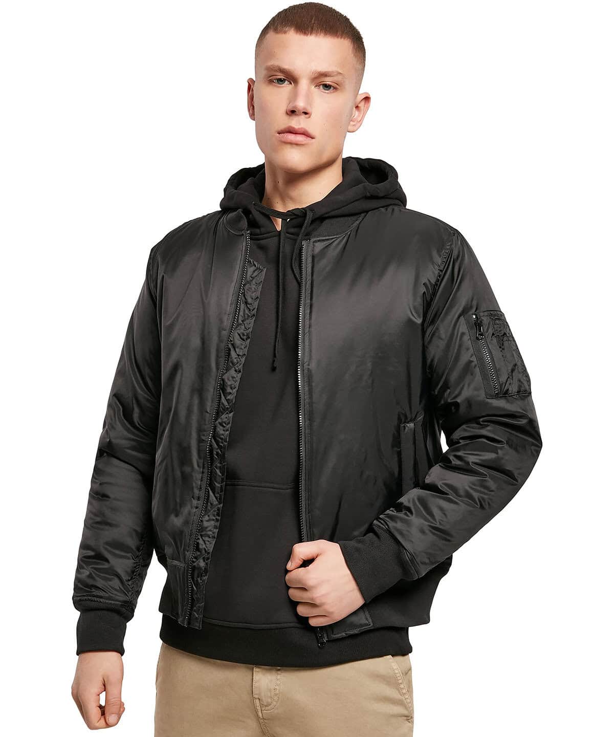 Men's black bomber jacket with hood, zip-up fastening, and utility pocket on sleeve, ideal for workwear or casualwear.