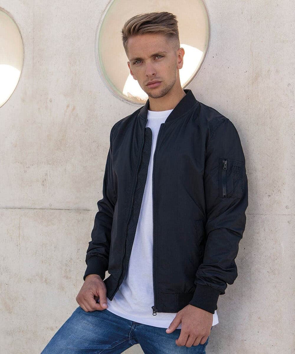 Embroidered light bomber jacket ideal for custom branding and promotional clothing. Perfect for work.