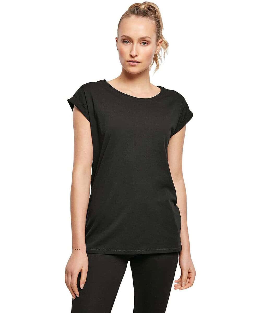 Black women's organic extended shoulder T-shirt for embroidery and printing.