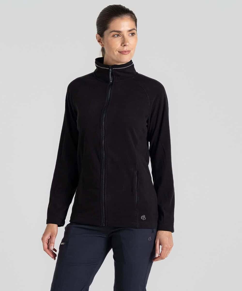 Embroidered black fleece jacket for women, ideal for custom branding and outdoor activities.