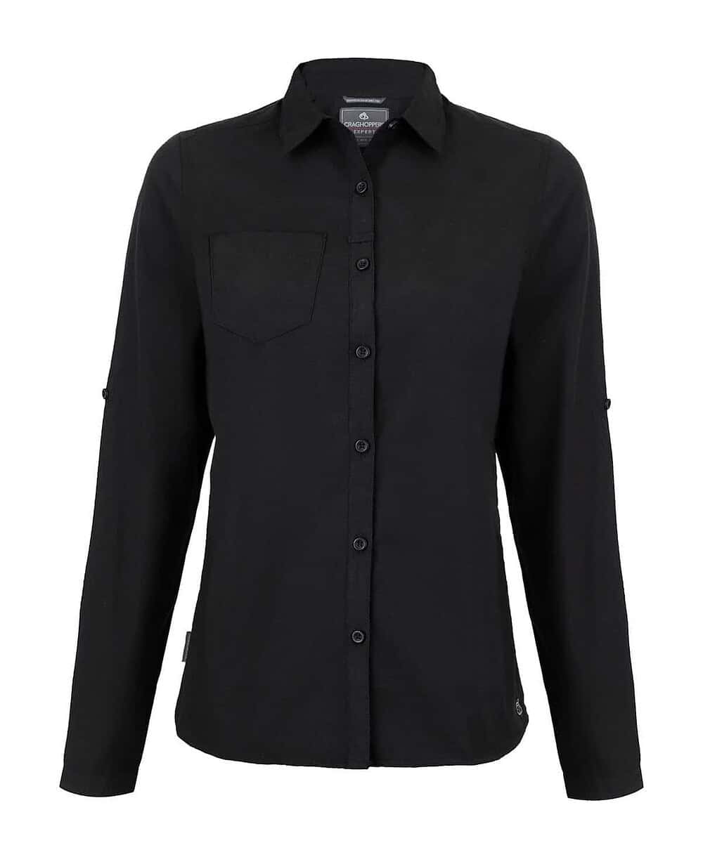 Embroidered black women's long-sleeved shirt, perfect for workwear and custom embroidery.