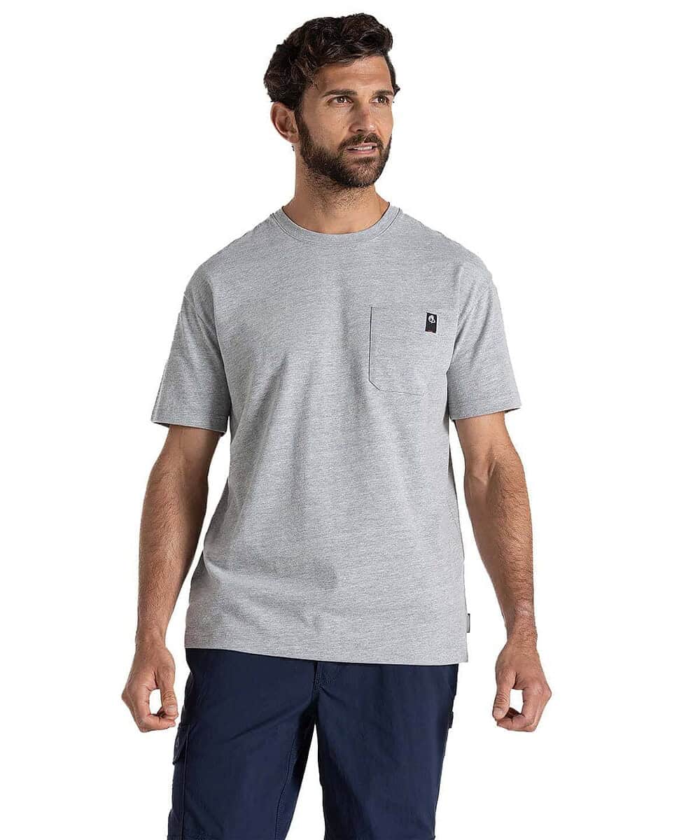 Embroidered grey Craghoppers Wakefield T-Shirt with chest pocket, ideal for workwear and custom embr.