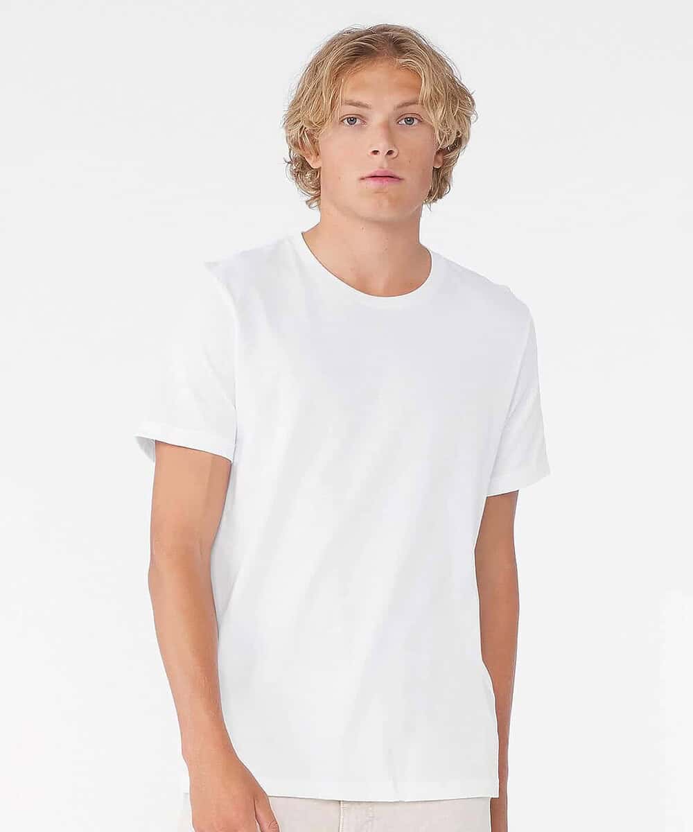 Unisex white jersey crew neck T-shirt for custom embroidery and printing. Perfect for promotional an.