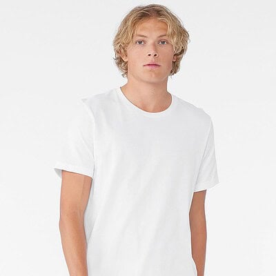 Unisex white jersey crew neck T-shirt for custom embroidery and printing. Perfect for promotional an.