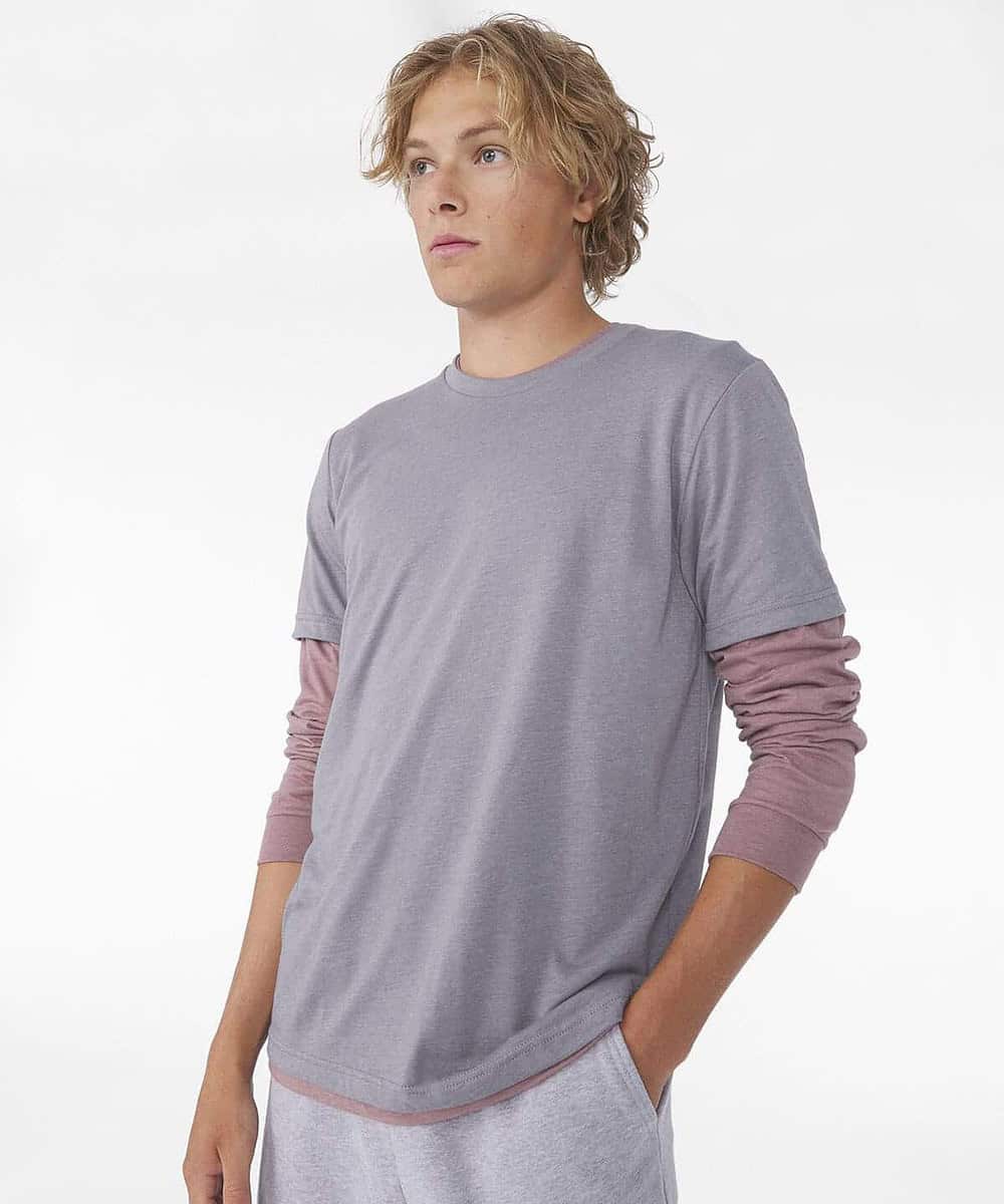 Heather grey unisex T-shirt with long sleeve layer for embroidery and printing projects.