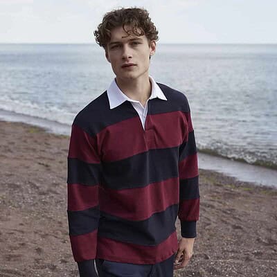 Embroidered rugby shirt with bold stripes, perfect for smart casual or workwear.