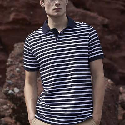Striped jersey polo shirt ideal for corporate and teamwear, featuring a classic design and comfortab.