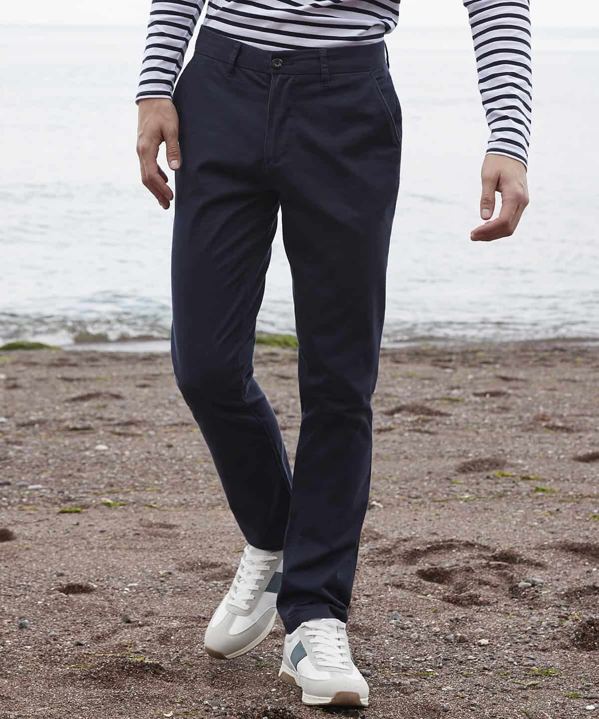 Casual navy trousers with front pockets and straight leg fit, suitable for workwear.