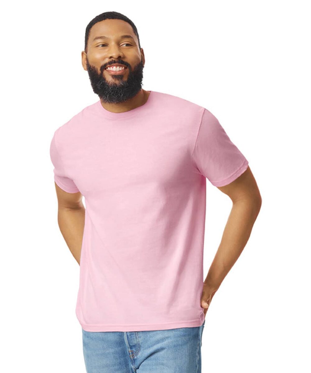 Pink Gildan GD001 softstyle adult T-shirt, ideal for custom embroidery projects.