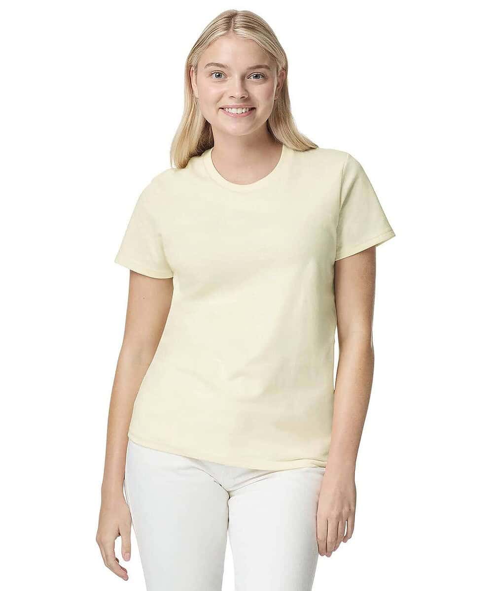 Light cream Gildan heavy cotton women's T-shirt, ideal for custom embroidery.