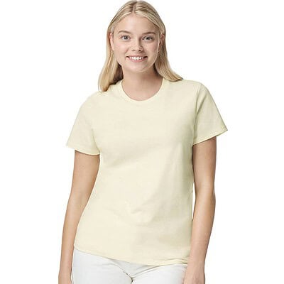 Light cream Gildan heavy cotton women's T-shirt, ideal for custom embroidery.