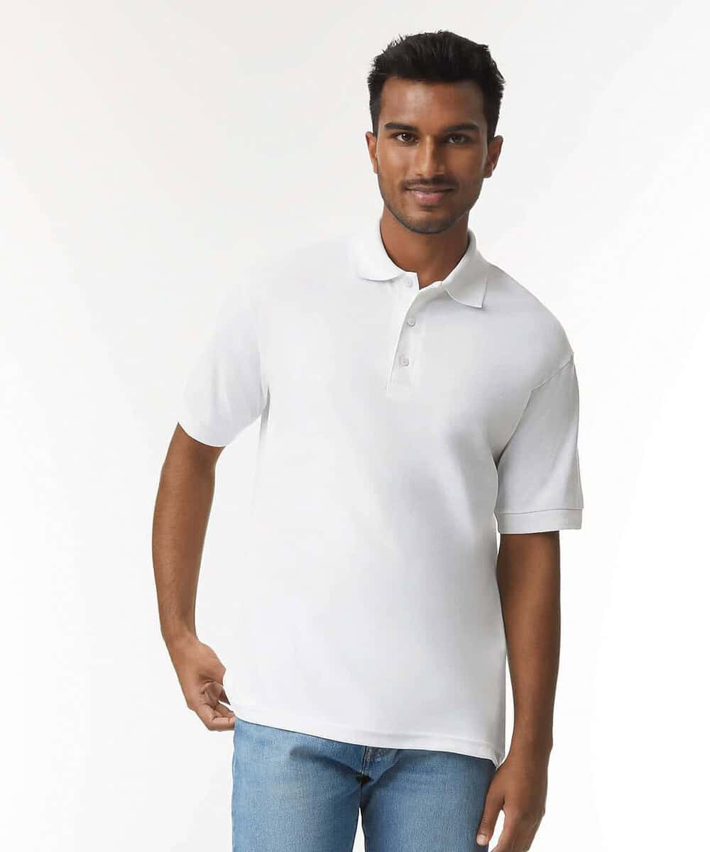 Classic white Gildan polo shirt for professional team wear. Comfortable, durable, and ideal for work.