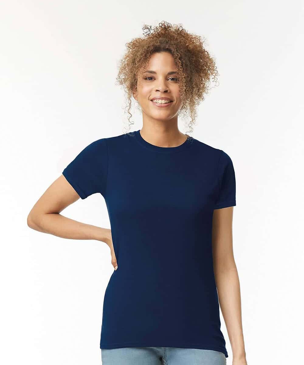 Elegant navy blue women's T-shirt for custom embroidery. Perfect for promotional and workwear brandi.