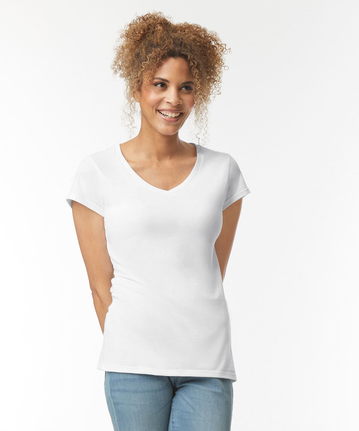 Comfortable white V-neck T-shirt ideal for personalised workwear and embroidered uniforms. Perfect for promoting your brand with customized embroidery.
