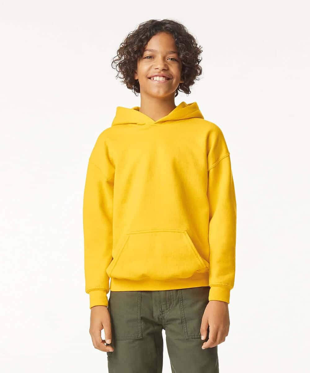 Youth hoodie for custom embroidery and printing. Soft, midweight fleece in vibrant yellow, perfect f.