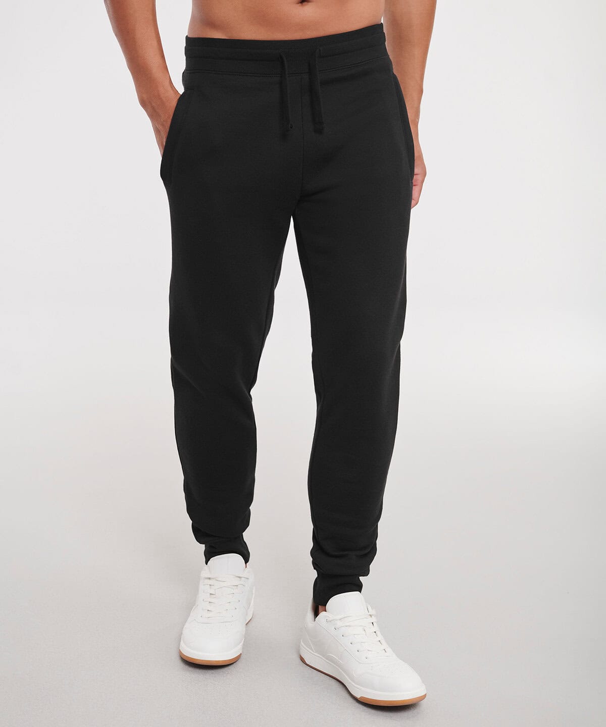 Men's black embroidered workwear joggers, versatile personalised uniform for work and casual wear, comfortable and durable for professional environments.