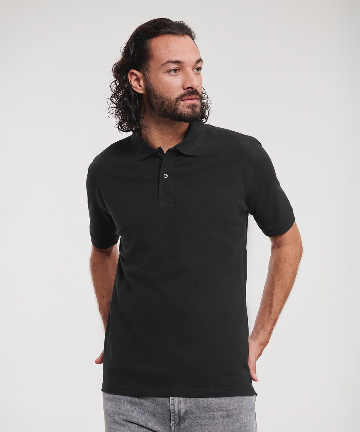 Men's black embroidered workwear polo shirt for personalised uniforms and corporate branding.
