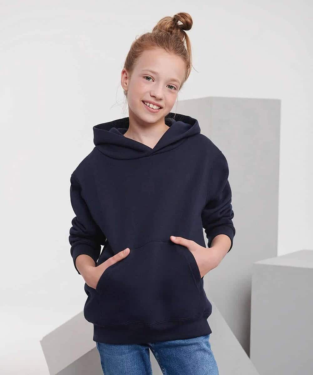 Embroidered Kids Hooded Sweatshirt in navy, perfect for custom branding and school uniforms.