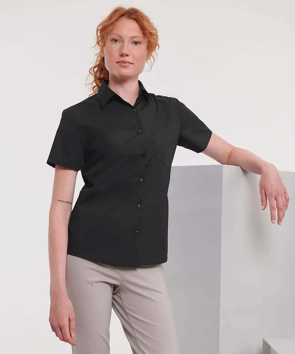 Embroidered women's short sleeve polycotton poplin shirt, ideal for branded workwear and team unifor.