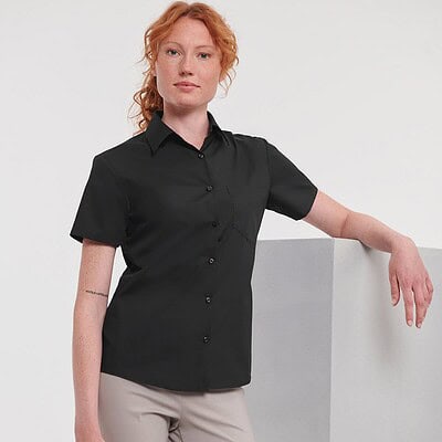 Embroidered women's short sleeve polycotton poplin shirt, ideal for branded workwear and team unifor.