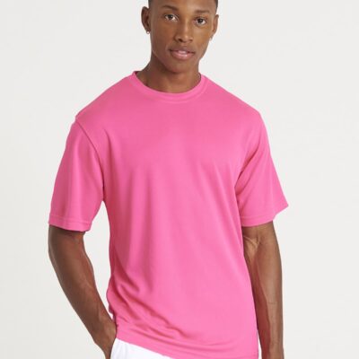 Men's pink embroidered workwear T-shirt, ideal for uniforms and promotional clothing. Comfortable, d.