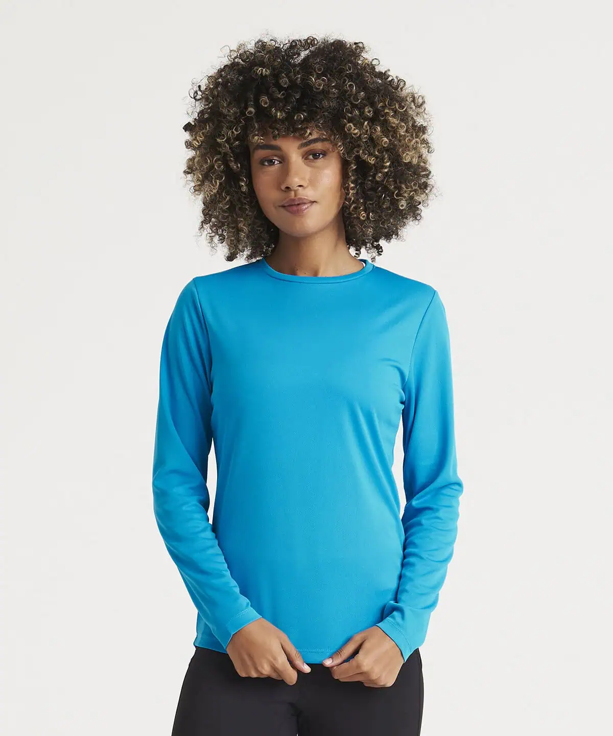 Bright blue embroidered workwear long sleeve top showcasing personalised uniform options for workwear branding.