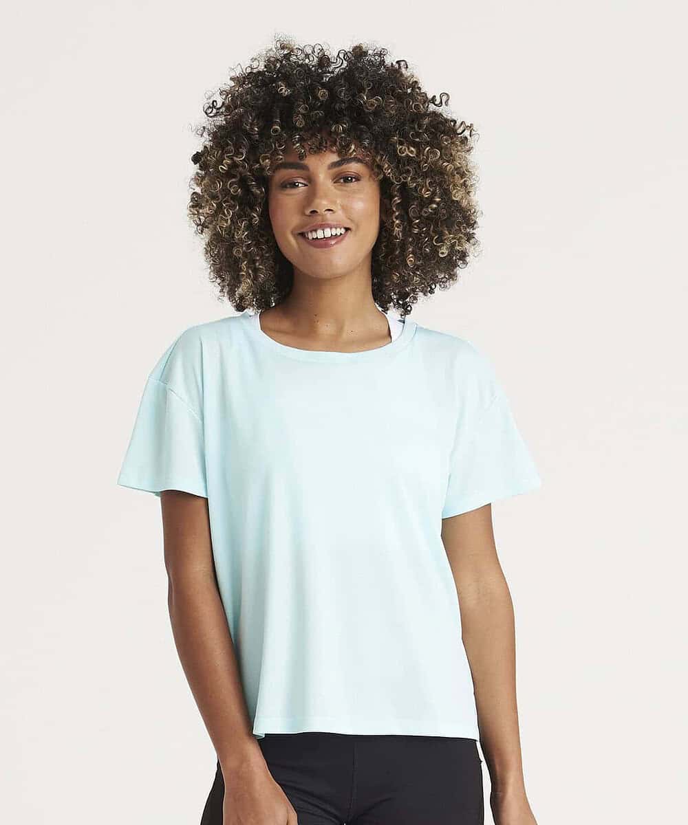 Light blue women's open back T-shirt, casual style, suitable for workwear.