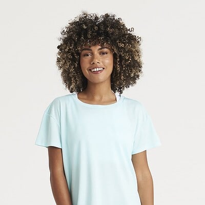 Light blue women's open back T-shirt, casual style, suitable for workwear.