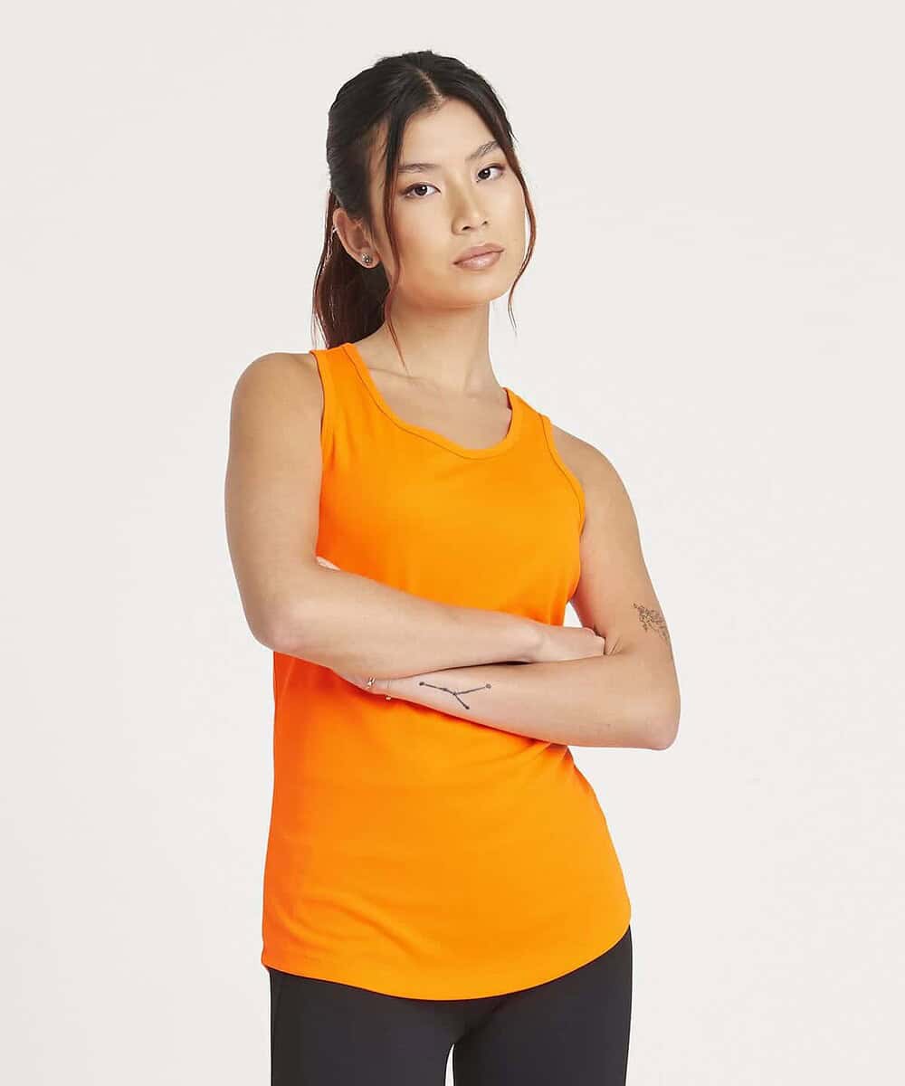 Embroidered orange women's cool vest for active workwear and sports. Perfect for custom embroidery a.
