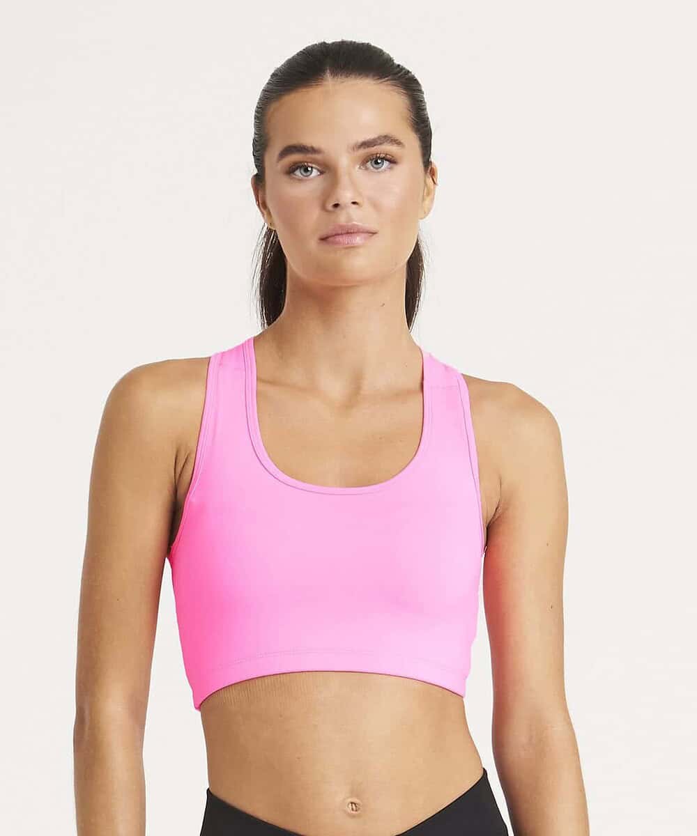 Embroidered sports crop top in bright pink, ideal for activewear and team uniforms.