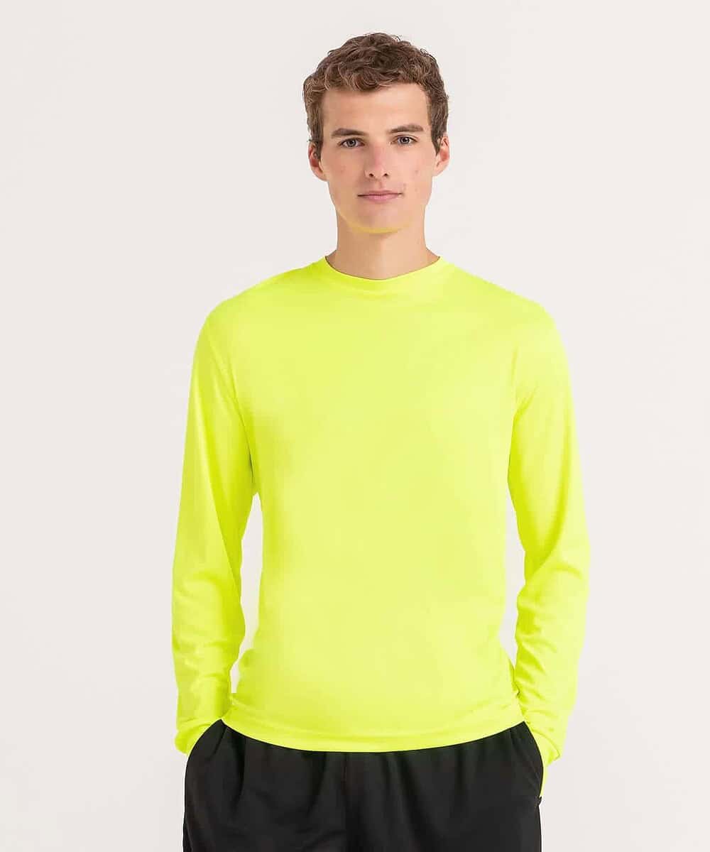 High-visibility yellow long sleeve active T-shirt for work and sports. Perfect for embroidery and cu.