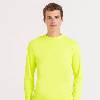 High-visibility yellow long sleeve active T-shirt for work and sports. Perfect for embroidery and cu.