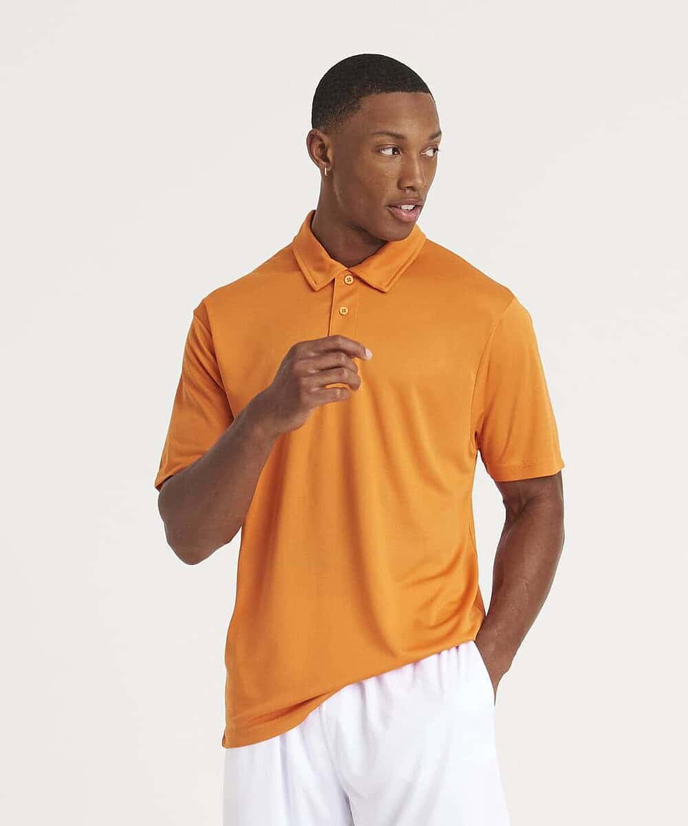 Man wearing bright orange polo shirt, casual sportswear for team or workwear.