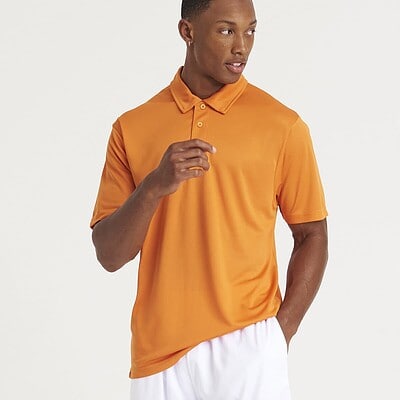 Man wearing bright orange polo shirt, casual sportswear for team or workwear.