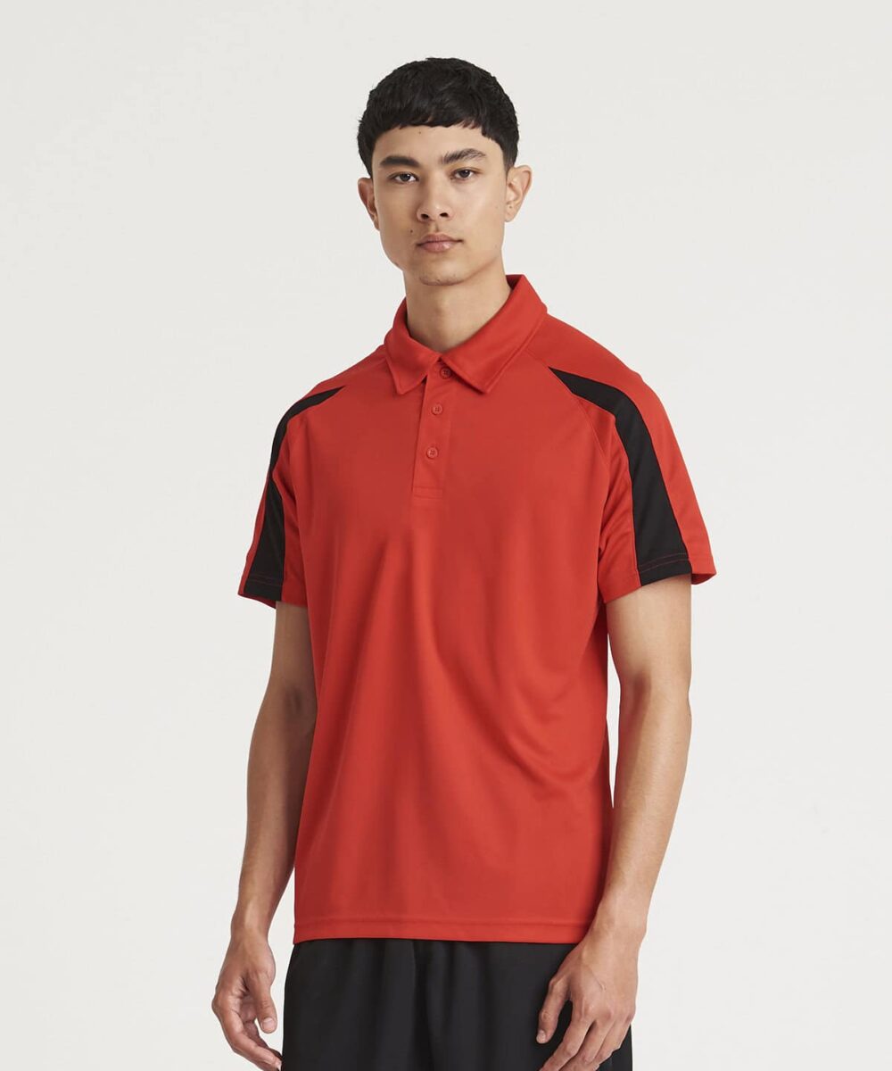 Red men's polo shirt with black accents, ideal for workwear or sports uniforms.