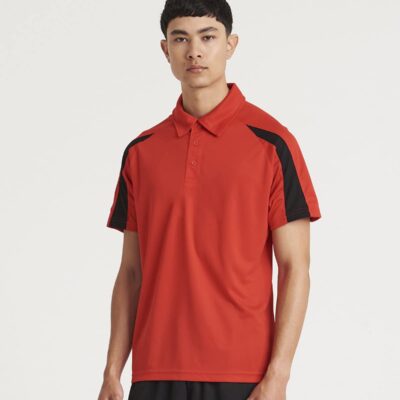 Red men's polo shirt with black accents, ideal for workwear or sports uniforms.