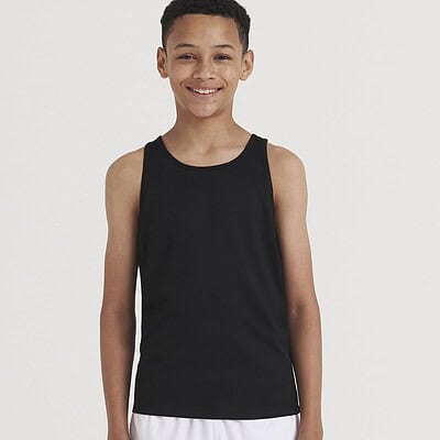 Child wearing black Awdis Cool Vest, ideal for kids' workwear and sports activities.