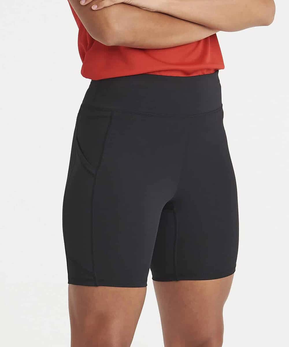 Recycled women's athletic shorts ideal for activewear and casual use.