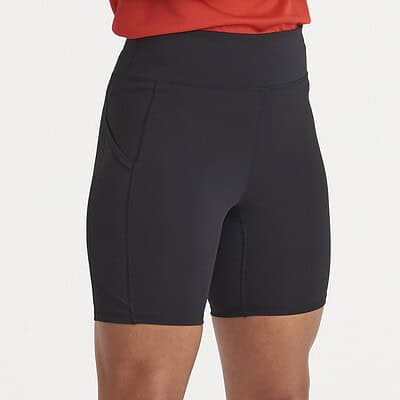 Recycled women's athletic shorts ideal for activewear and casual use.