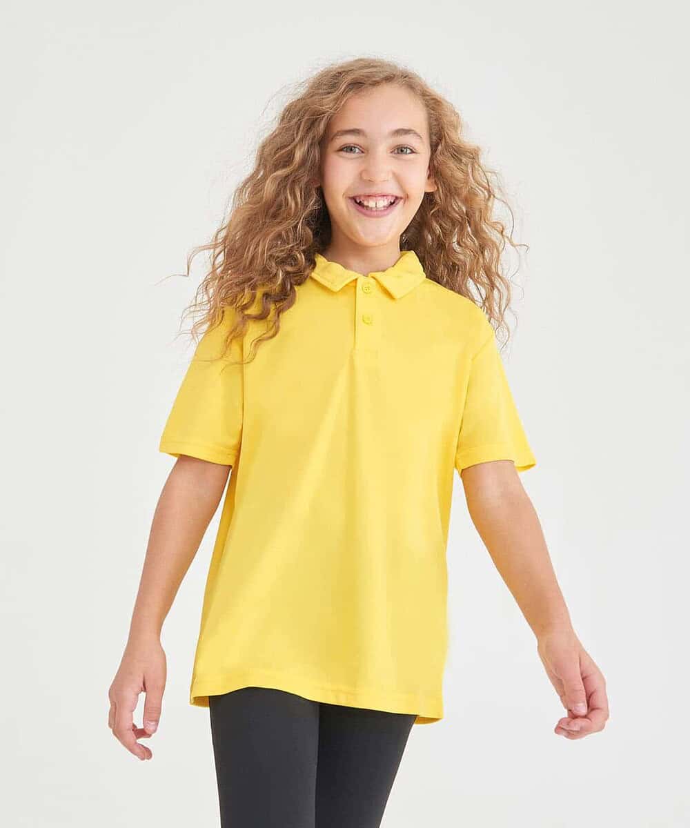 Child wearing bright yellow polo shirt, suitable for school or workwear.