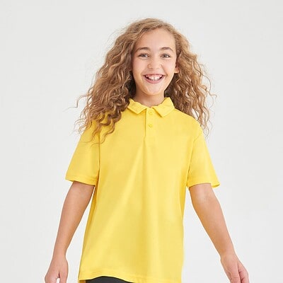 Child wearing bright yellow polo shirt, suitable for school or workwear.