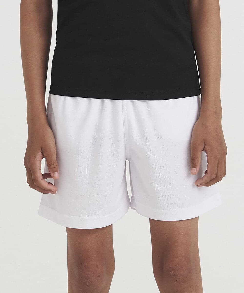 Kids wearing white embroidered sports shorts for activewear and team sports.