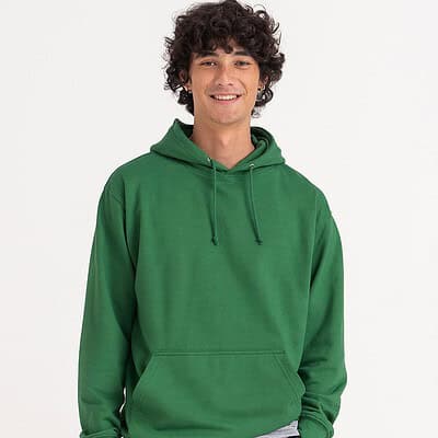 Man wearing a green hoodie, ideal for workwear and team uniforms.