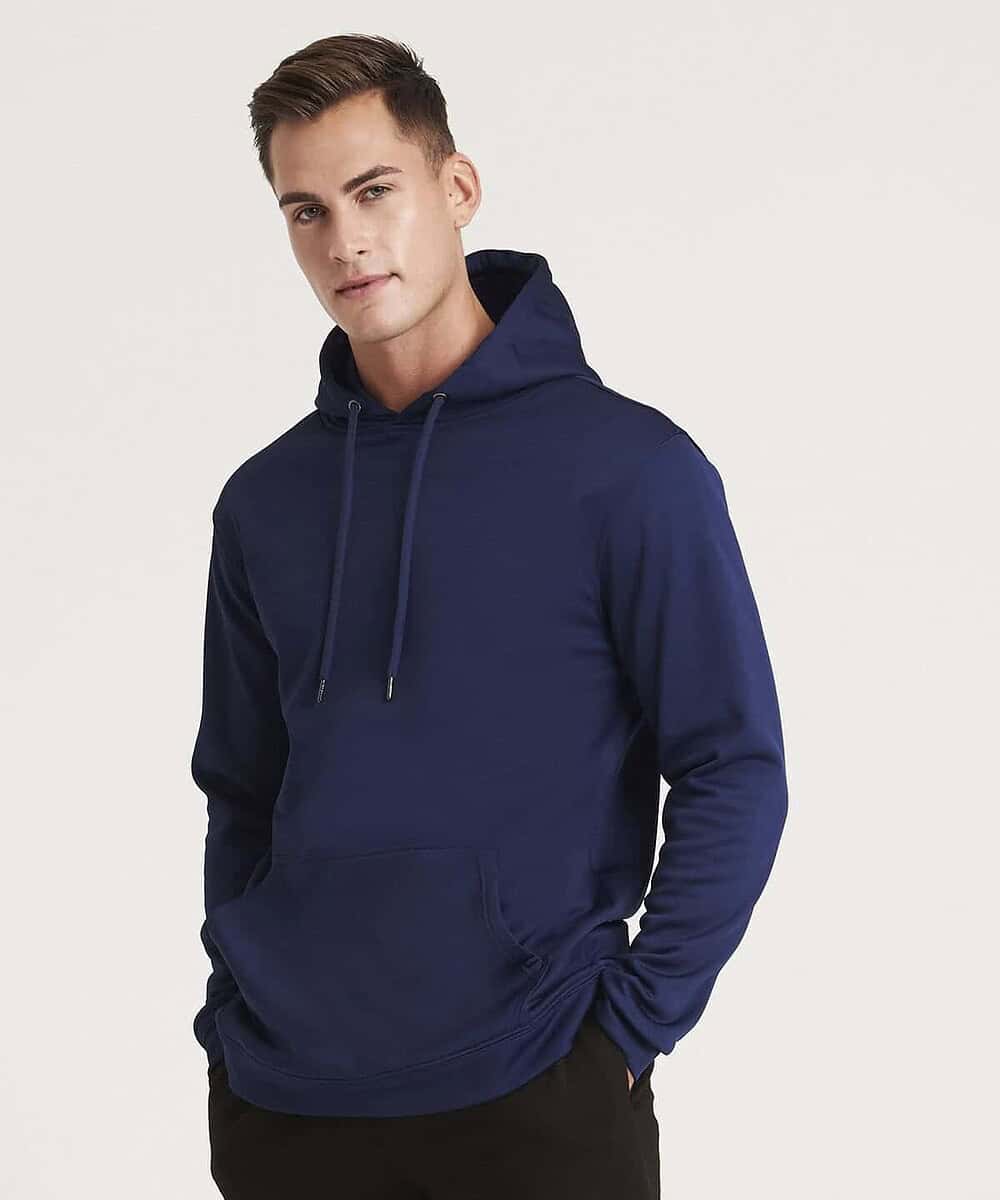 Navy hoodie with a front pocket and drawstrings, ideal for workwear or casual outfits.