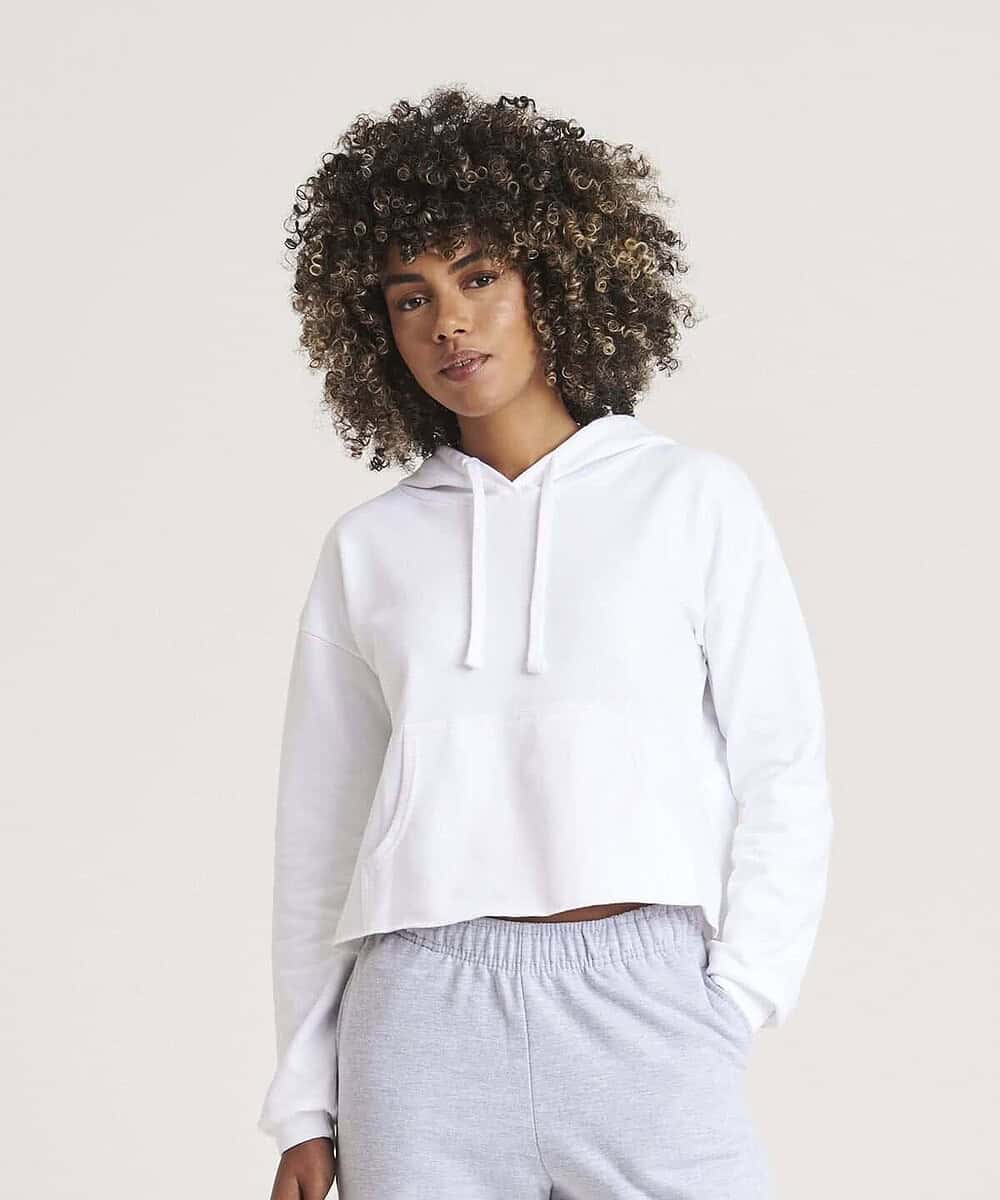 Women’s white cropped hoodie with embroidered logo, casual and stylish. Perfect for teamwear and cor.
