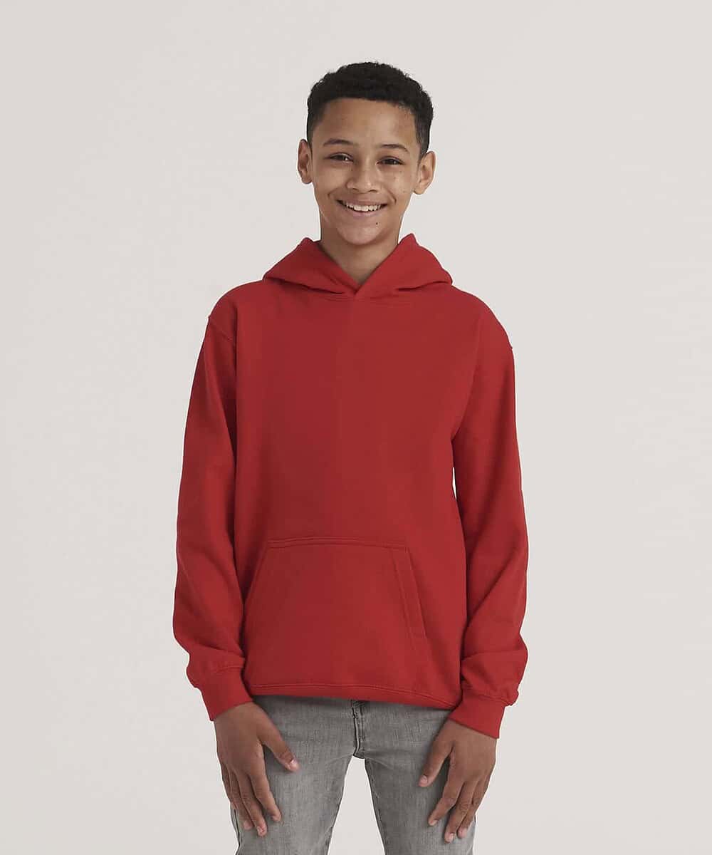 Child wearing a red hoodie, suitable for workwear and casual settings.