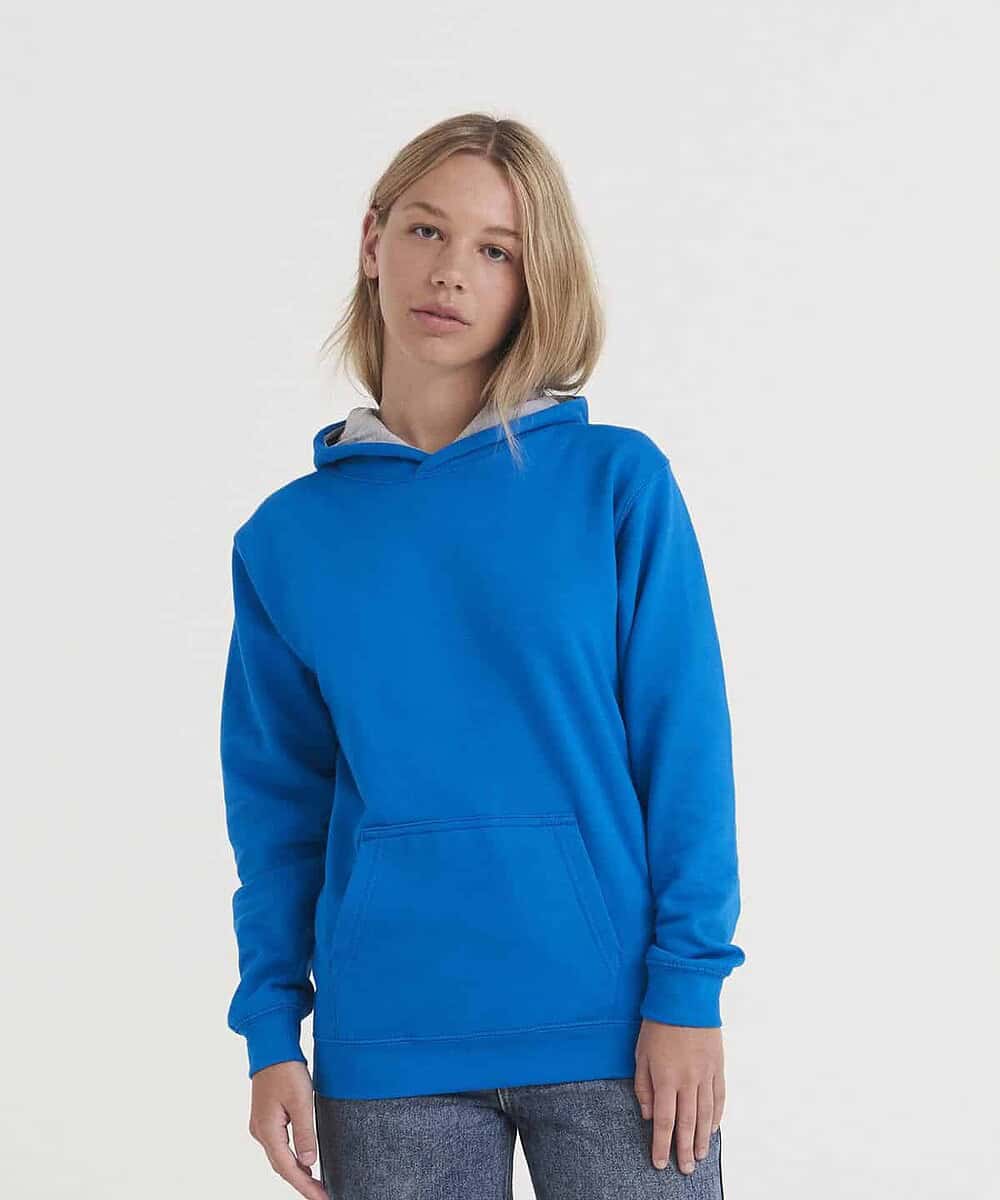 Bright blue kids' varsity hoodie with a front pocket and adjustable hood, perfect for school and spo.